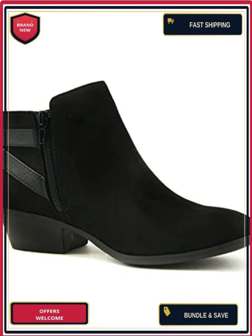 Faux Suede Ankle Bootie with Stacked Block Heel, Side Zipper, Western Style